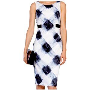 Karen Millen Painterly Check Midi Sheath Dress, Blue White Women's Size US 8